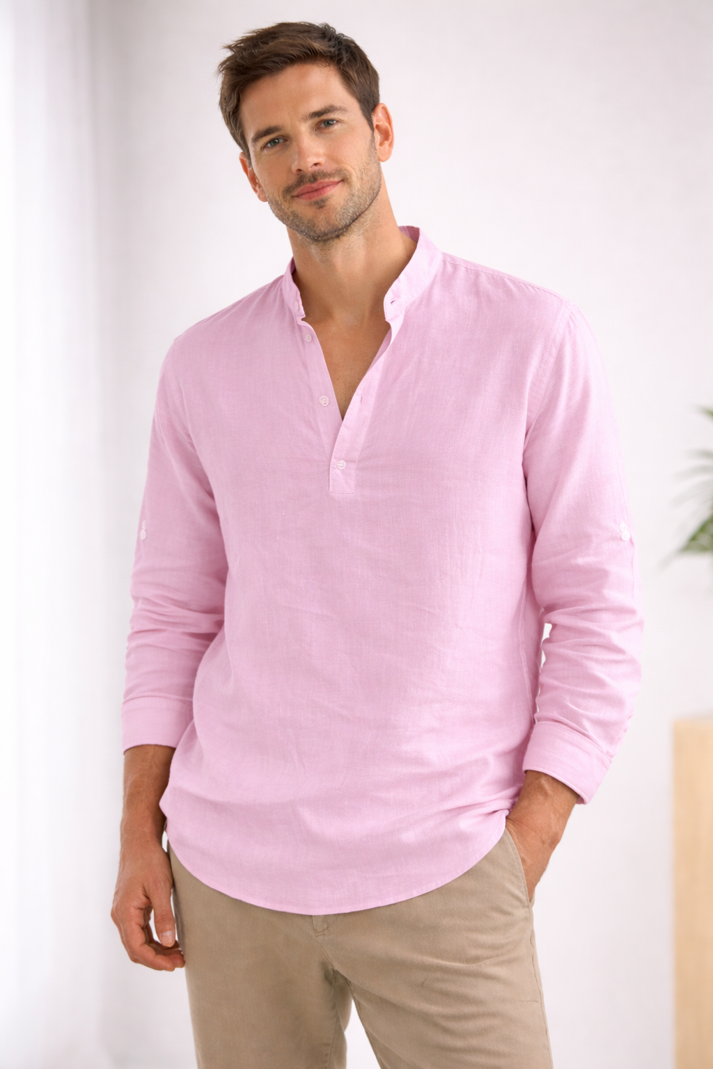 Men's Long-Sleeve Shirt | Loose Fit, Stand-Up Collar