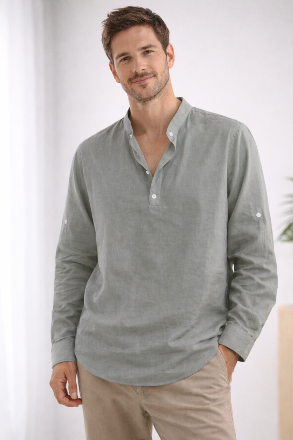 Men's Long-Sleeve Shirt | Loose Fit, Stand-Up Collar
