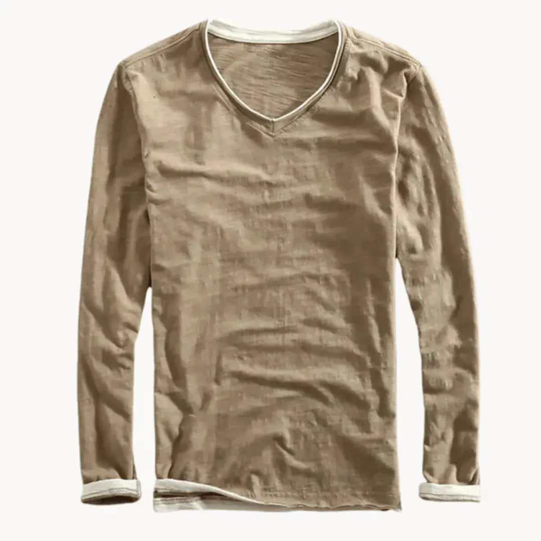 Men's V-neck shirt | Long-sleeved, soft | Contrast trim, cotton
