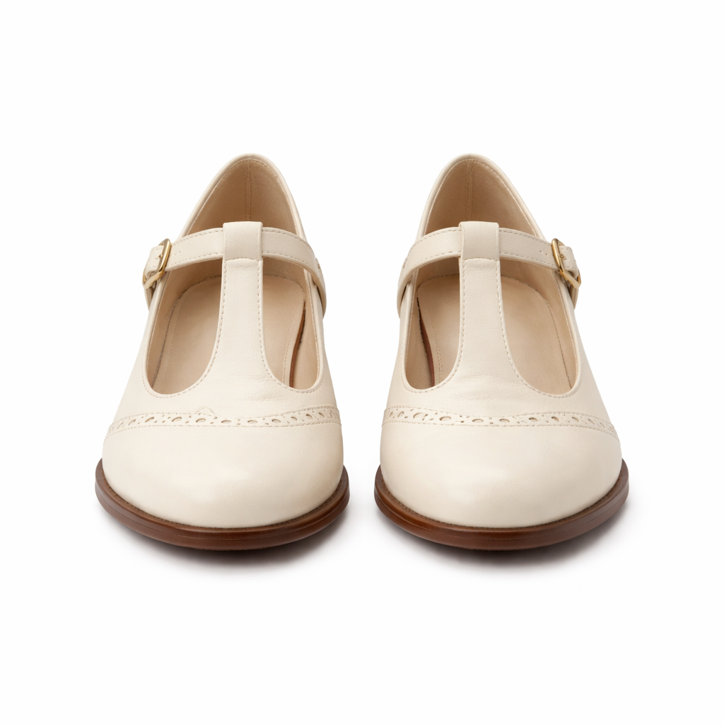 Women's Mary Jane shoes | T-strap, low heel | Brogue detail