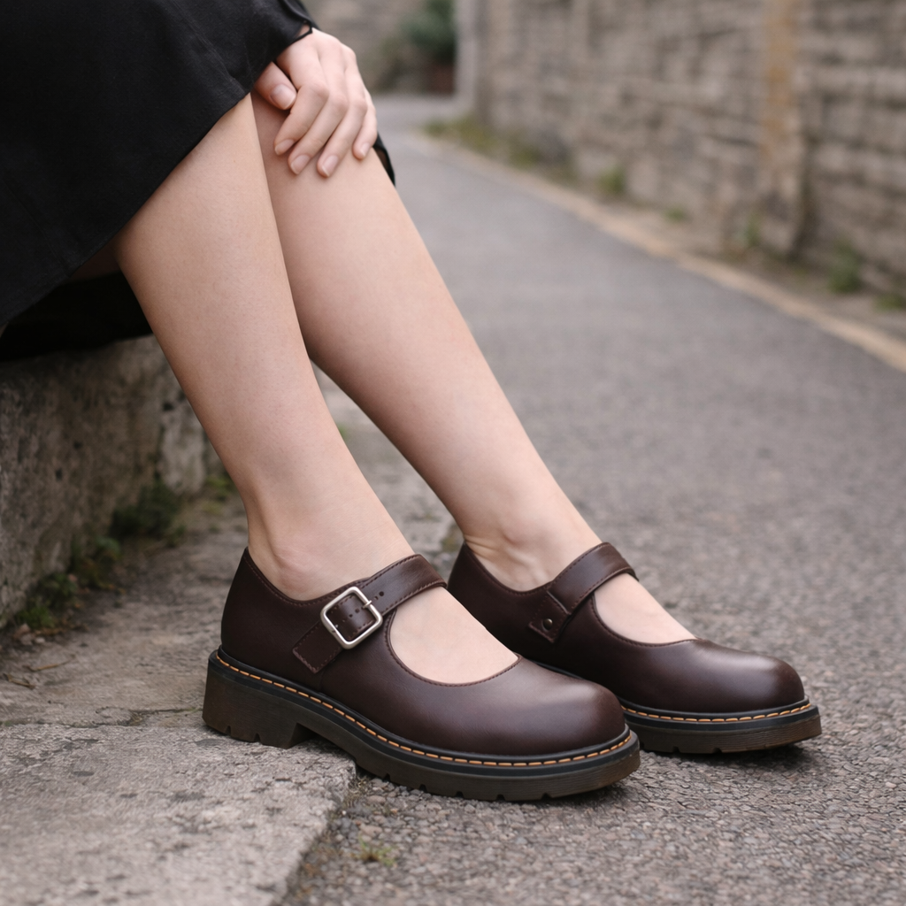Women's Mary Jane shoes | Flat sole, thick sole part | Leather loop strap