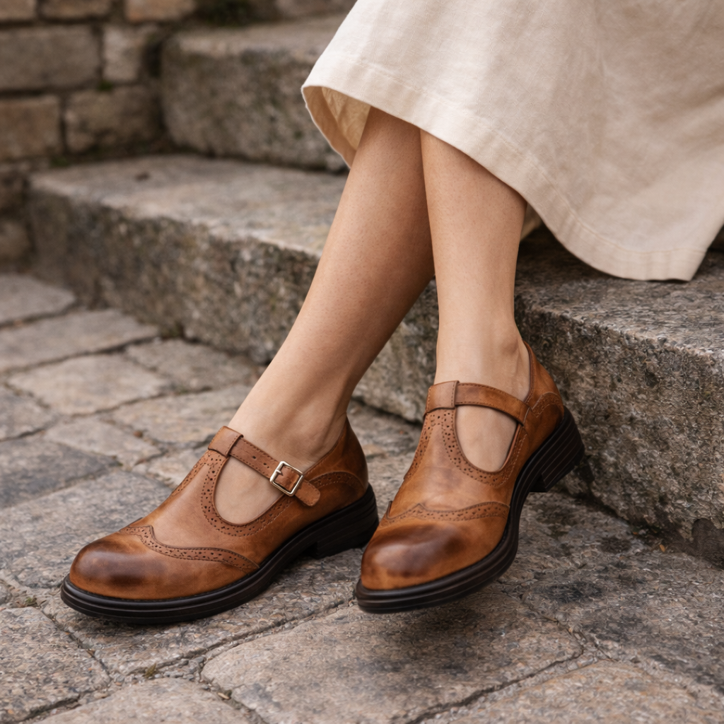 Women's Mary Jane shoes | Brogue style leather | Comfortable ballerinas