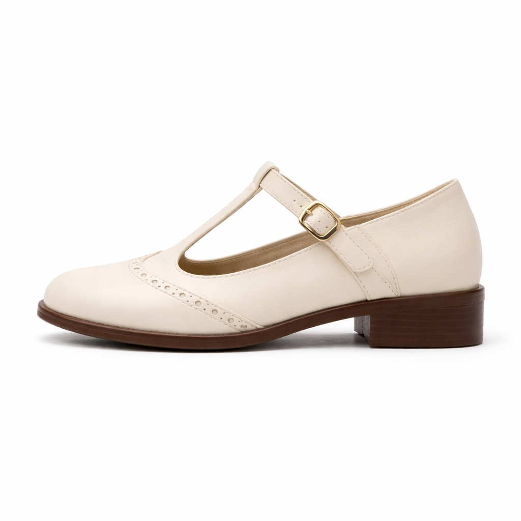Women's Mary Jane shoes | T-strap, low heel | Brogue detail