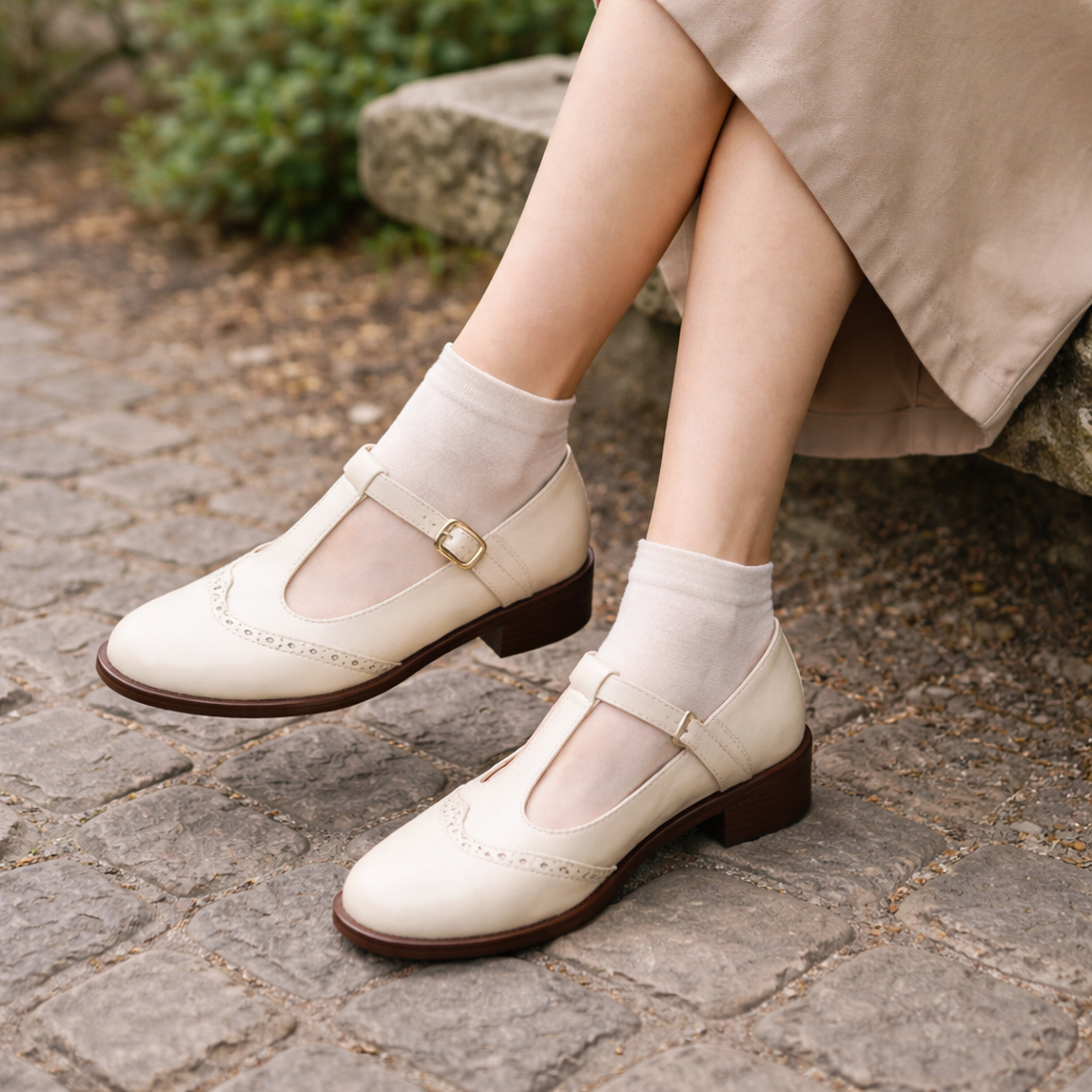 Women's Mary Jane shoes | T-strap, low heel | Brogue detail