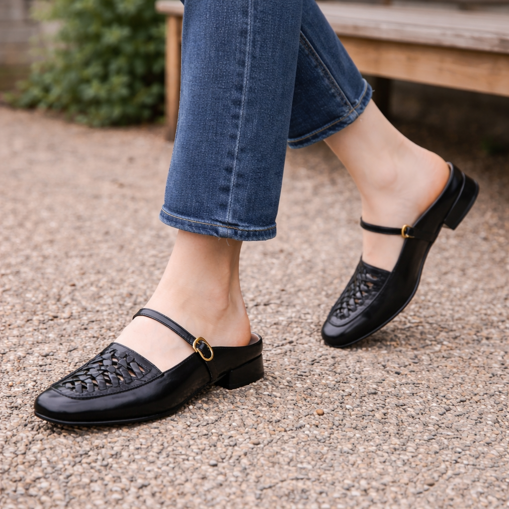 Women's Mary Jane mules | Woven synthetic material with square toe | Brown, Black
