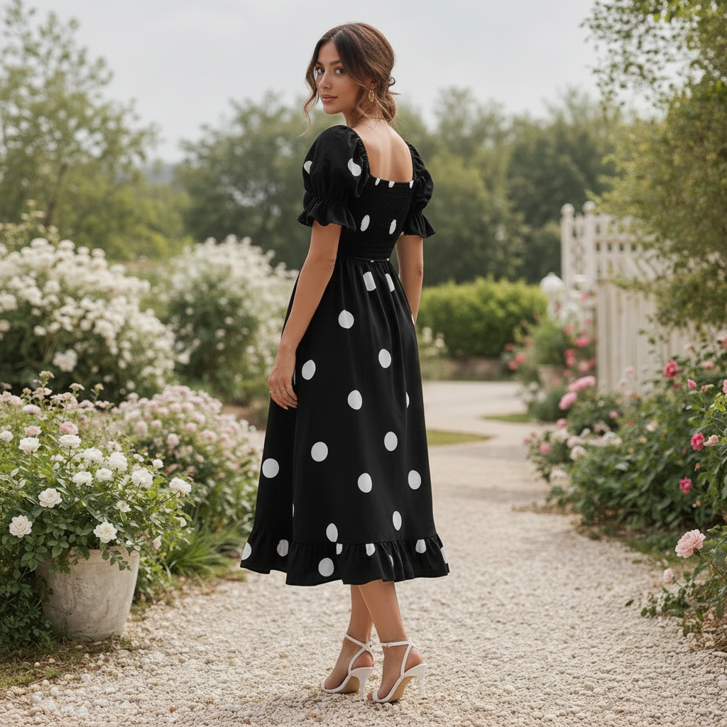 Polka Dot Midi Dress | Women's Puff Sleeve | Elegant Flowing Style