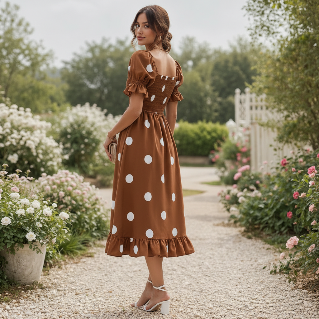 Polka Dot Midi Dress | Women's Puff Sleeve | Elegant Flowing Style