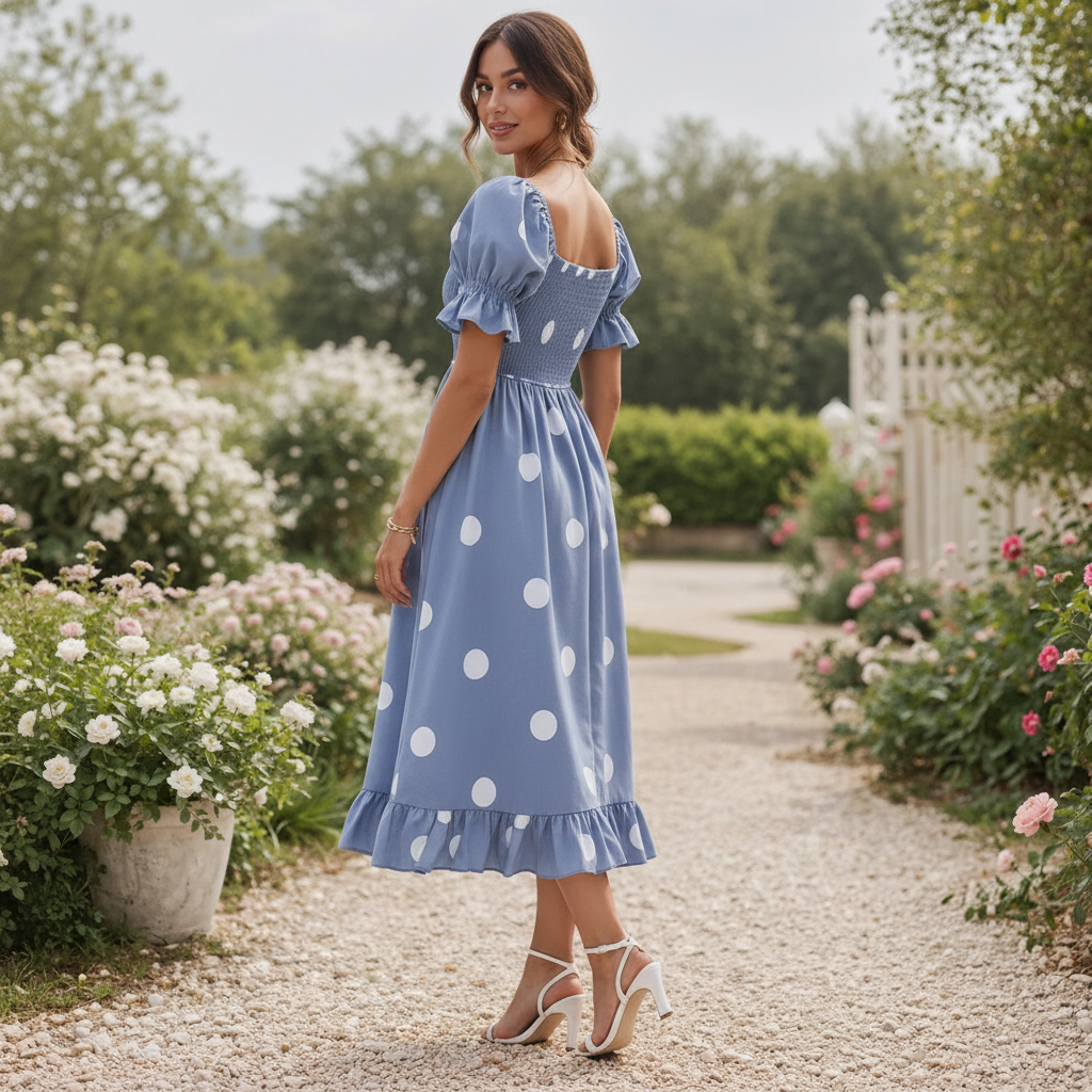 Polka Dot Midi Dress | Women's Puff Sleeve | Elegant Flowing Style
