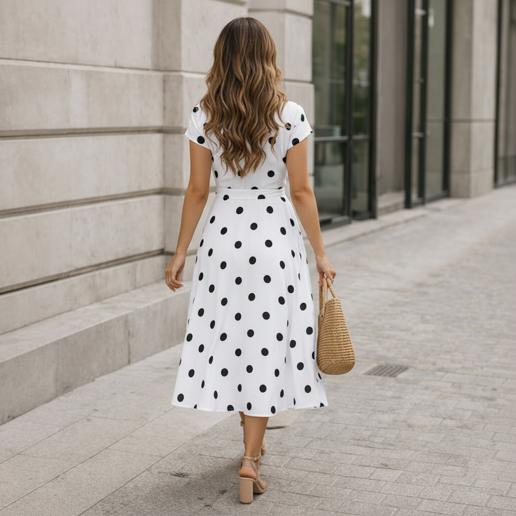 Women's Midi Dress | Dots, Waistband | Casual Wide Style