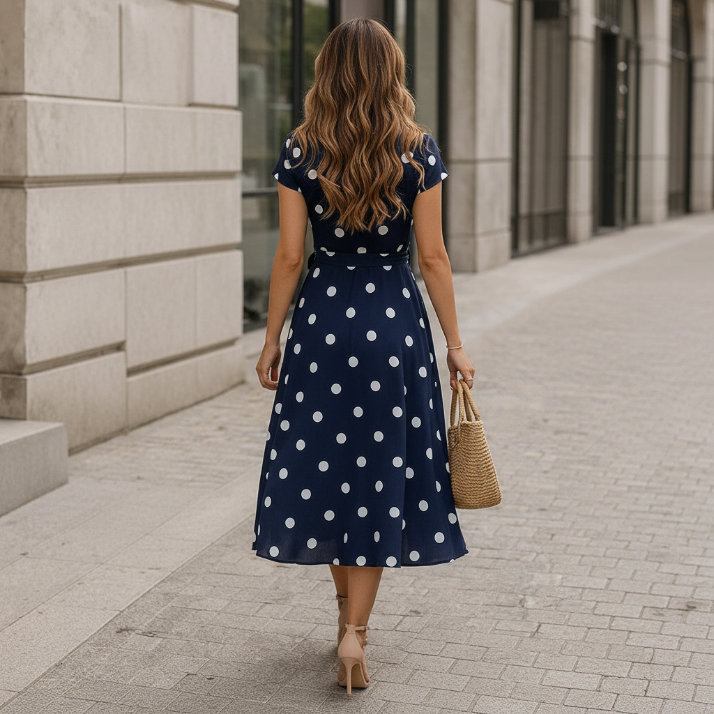 Women's Midi Dress | Dots, Waistband | Casual Wide Style