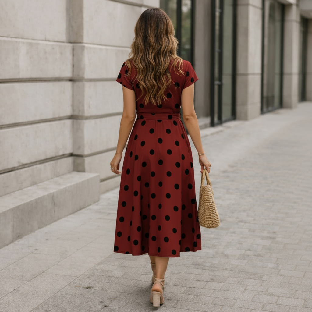 Women's Midi Dress | Dots, Waistband | Casual Wide Style