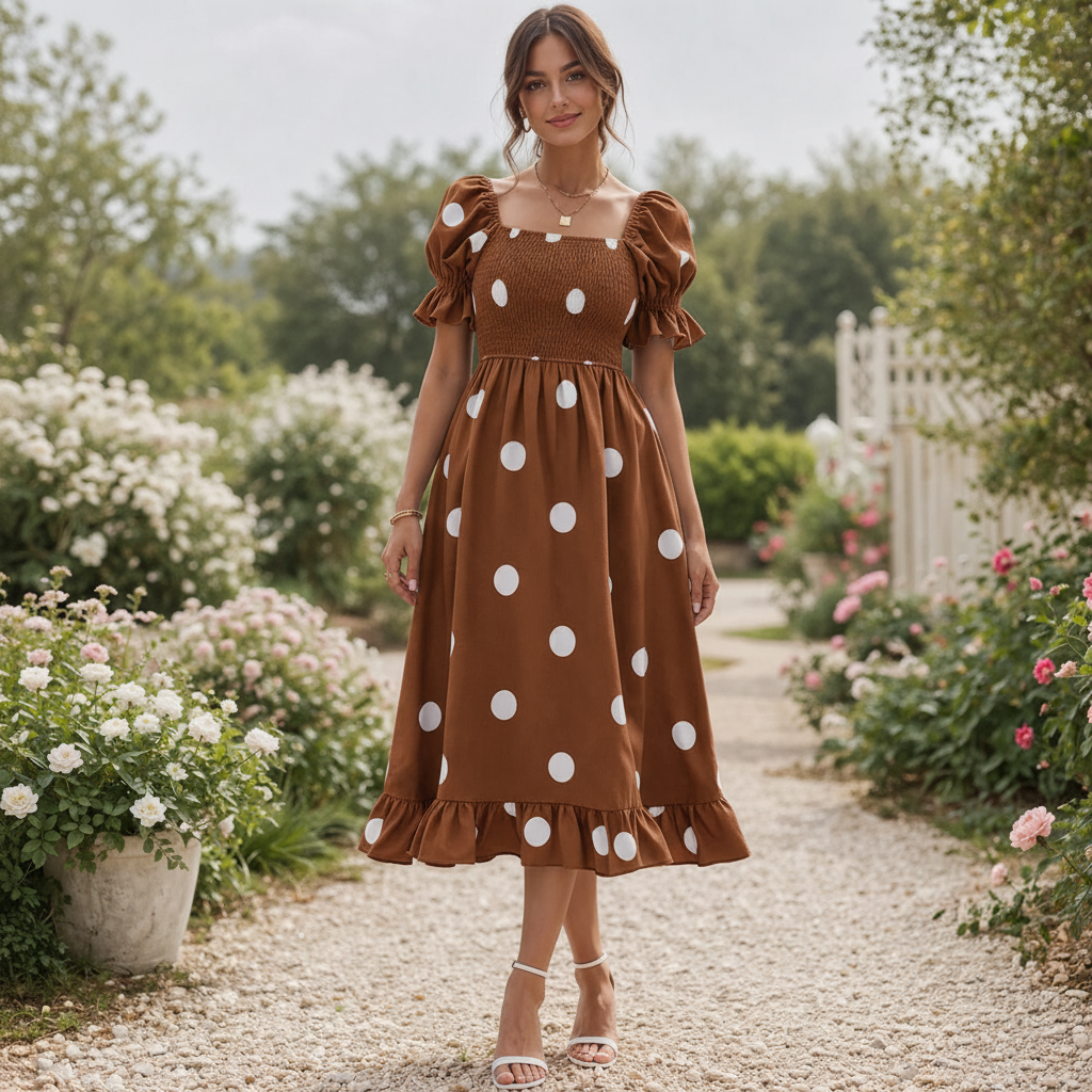 Polka Dot Midi Dress | Women's Puff Sleeve | Elegant Flowing Style
