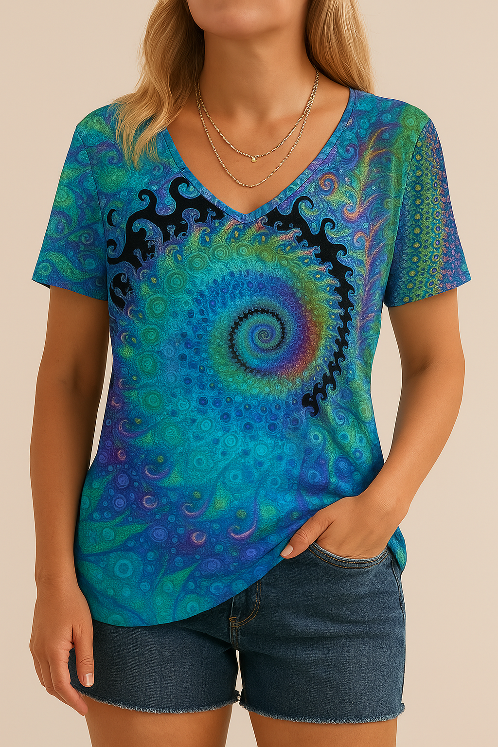Women's V-neck T-shirt polyester retro print