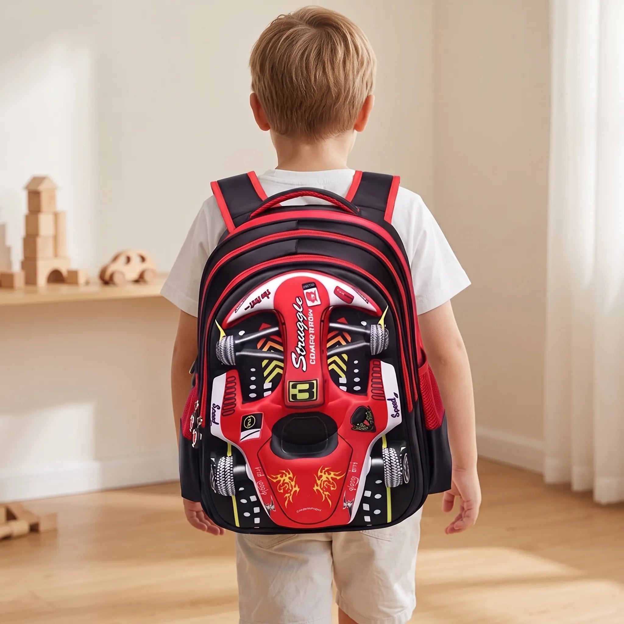 School Backpack | 3D Race Car Design, Kids | Green, Blue, Red