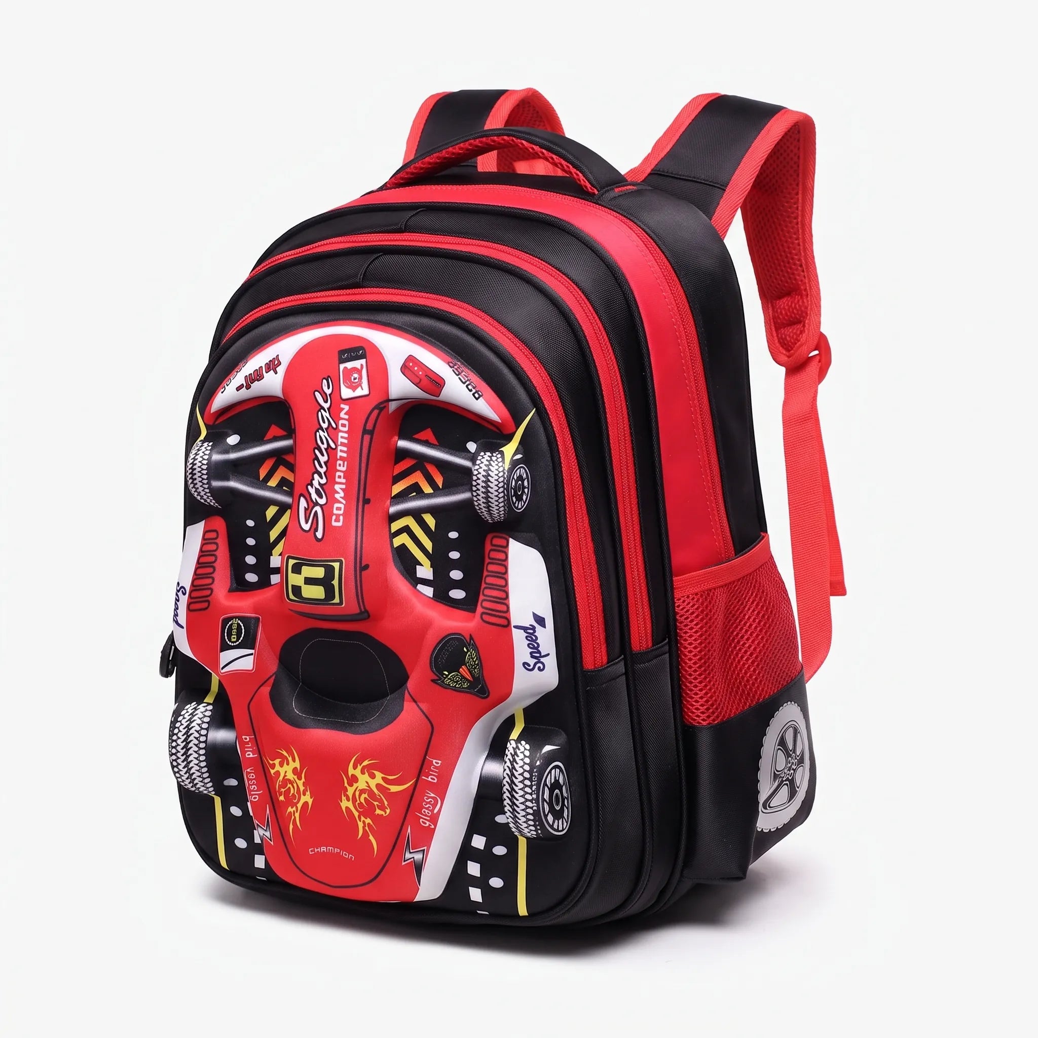 School Backpack | 3D Race Car Design, Kids | Green, Blue, Red