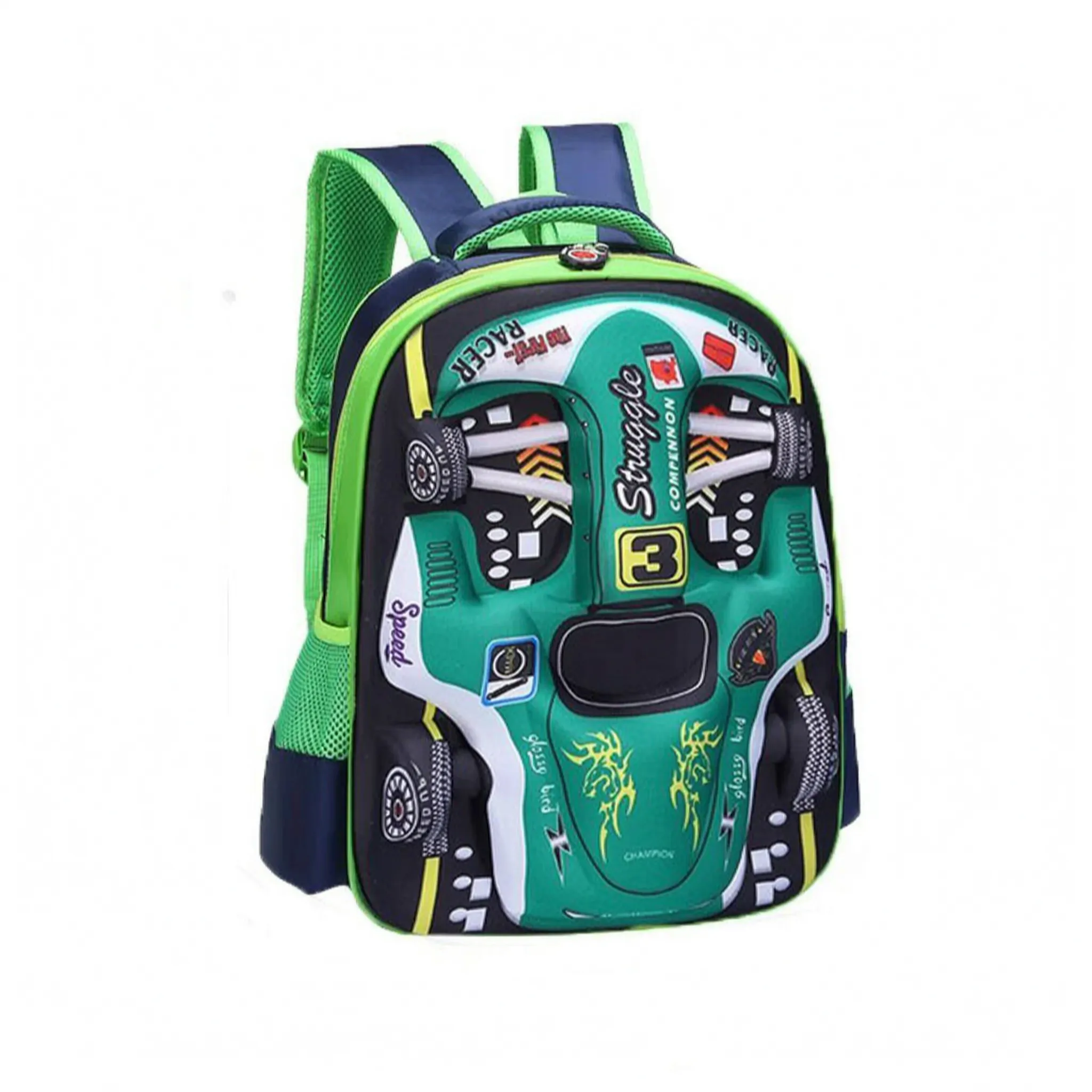 School Backpack | 3D Race Car Design, Kids | Green, Blue, Red