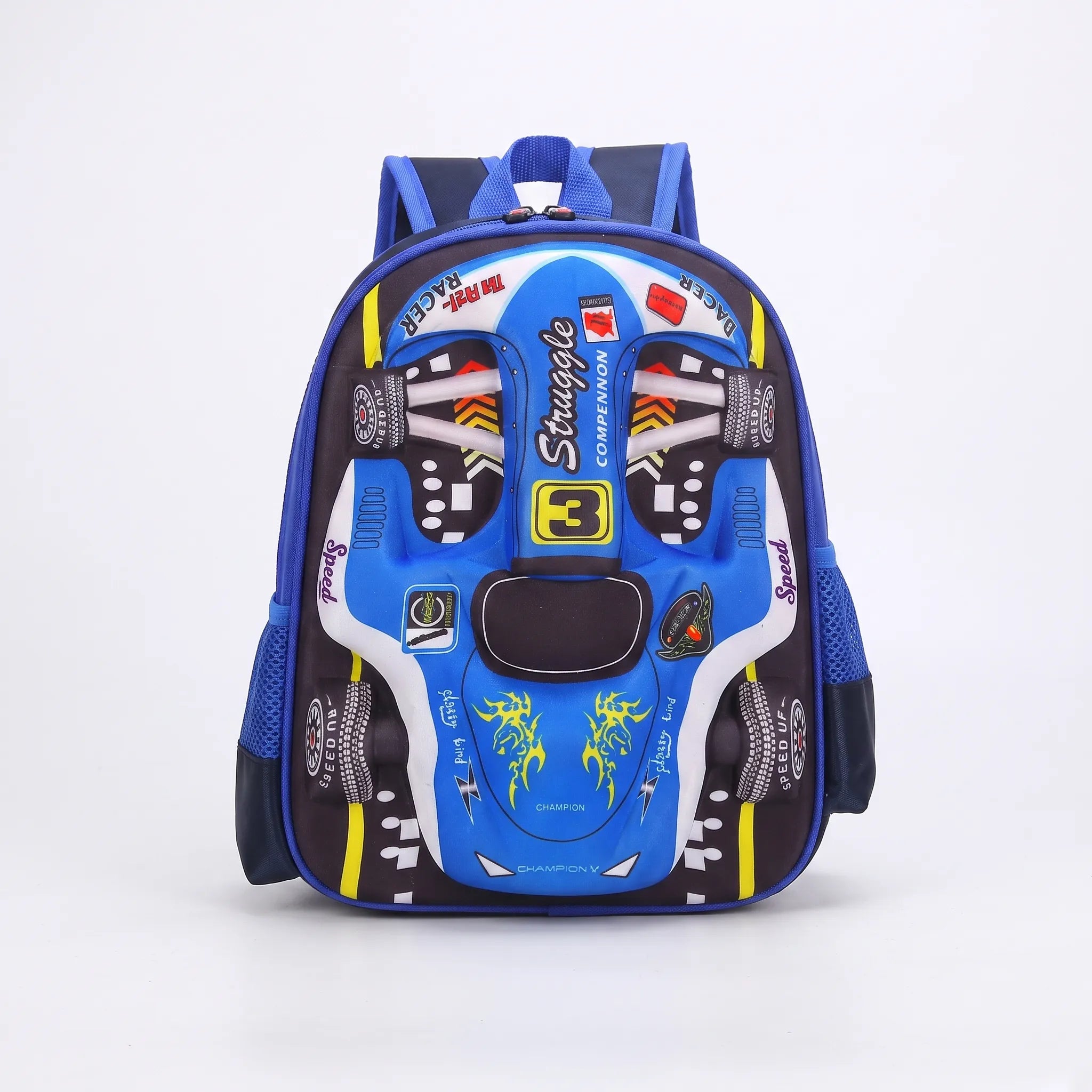 School Backpack | 3D Race Car Design, Kids | Green, Blue, Red