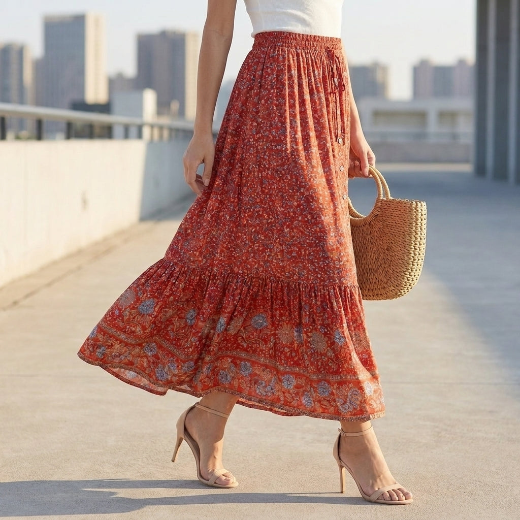Women's Maxi Skirt | Bohemian Floral Pattern, Layered Hem