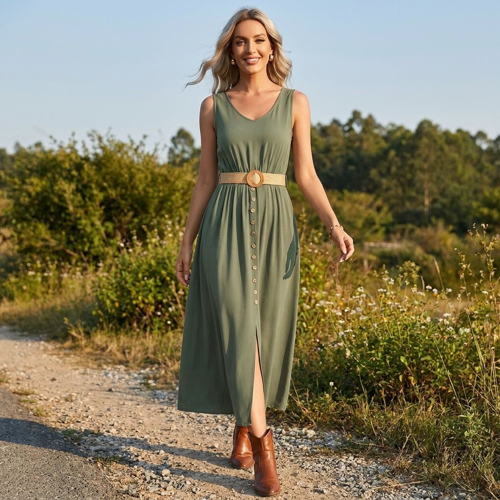 Maxi Dress | Belted, Buttoned, Summer Style