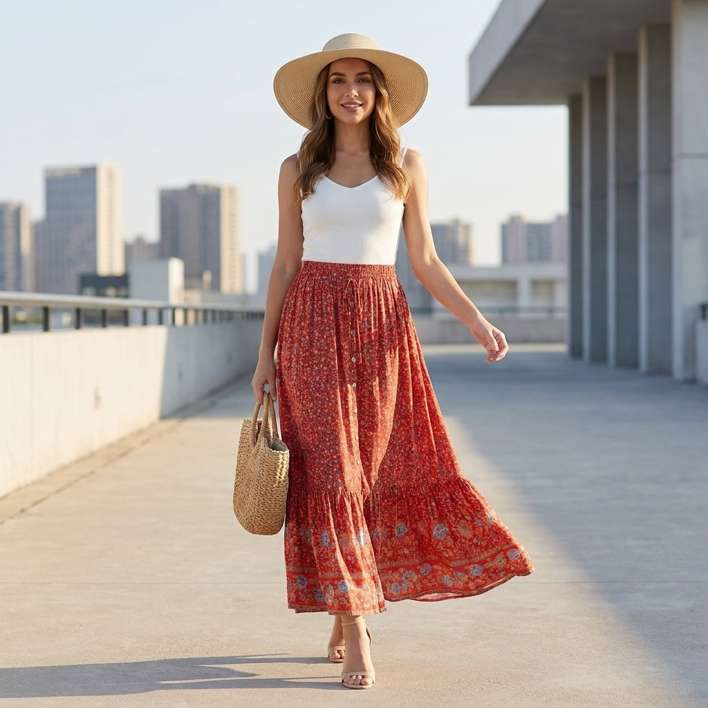 Women's Maxi Skirt | Bohemian Floral Pattern, Layered Hem