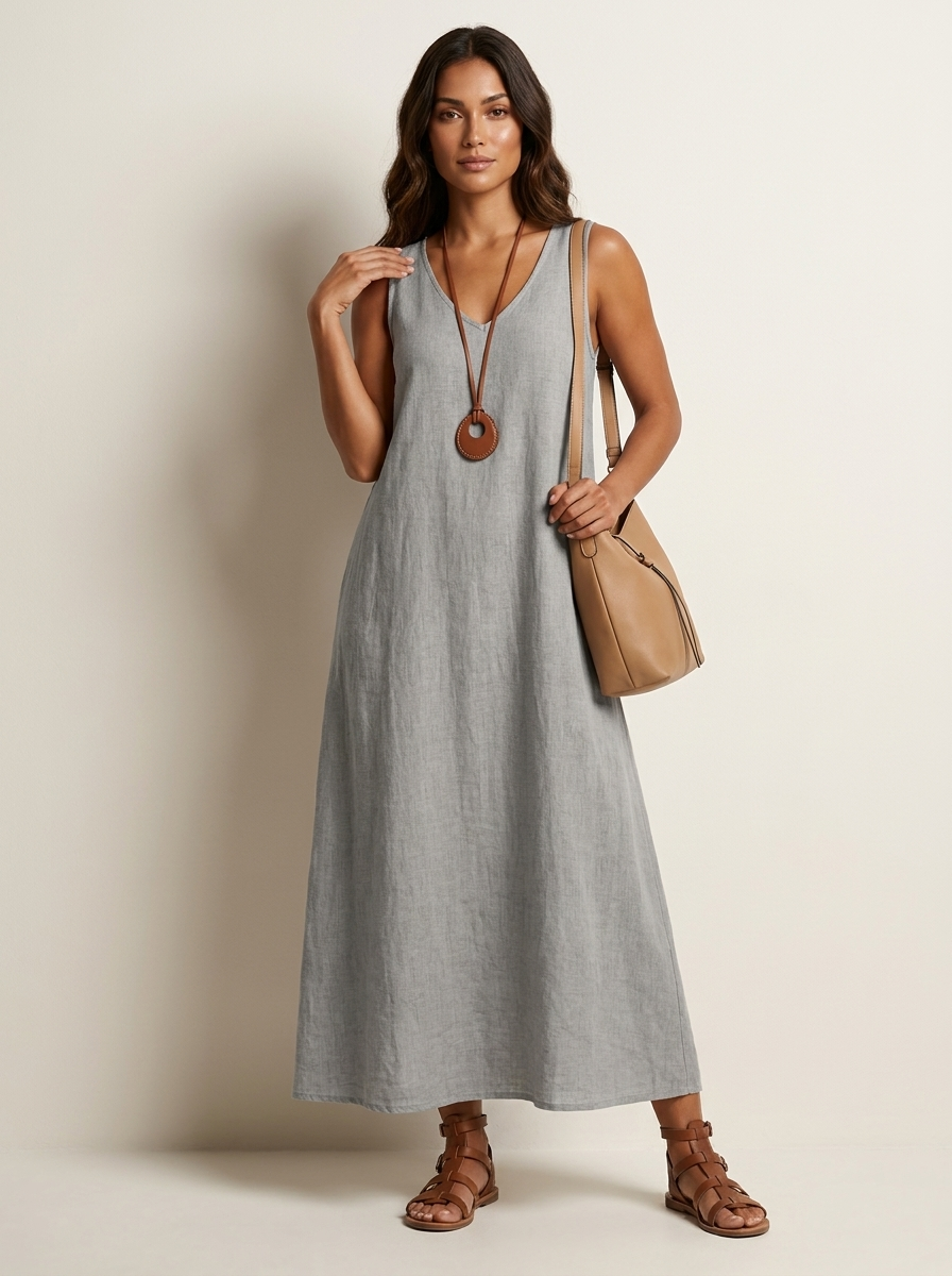 Women's linen dress | Sleeveless summer style | V-neck
