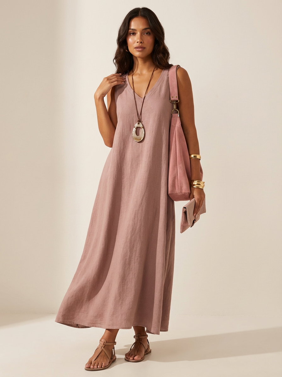 Women's linen dress | Sleeveless summer style | V-neck