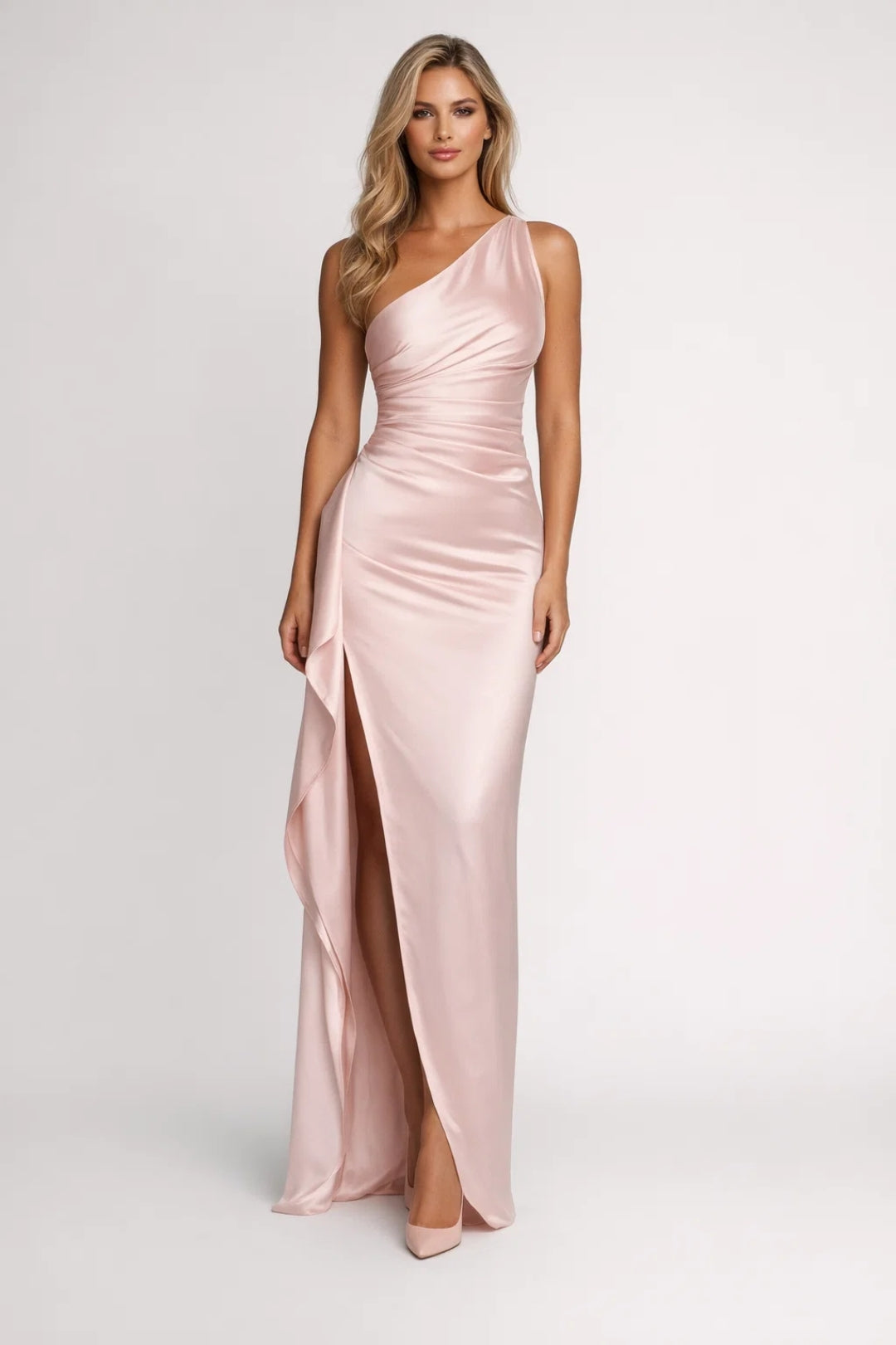 Evening Dress | Women's One-Shoulder, Long Satin Dress | Slit