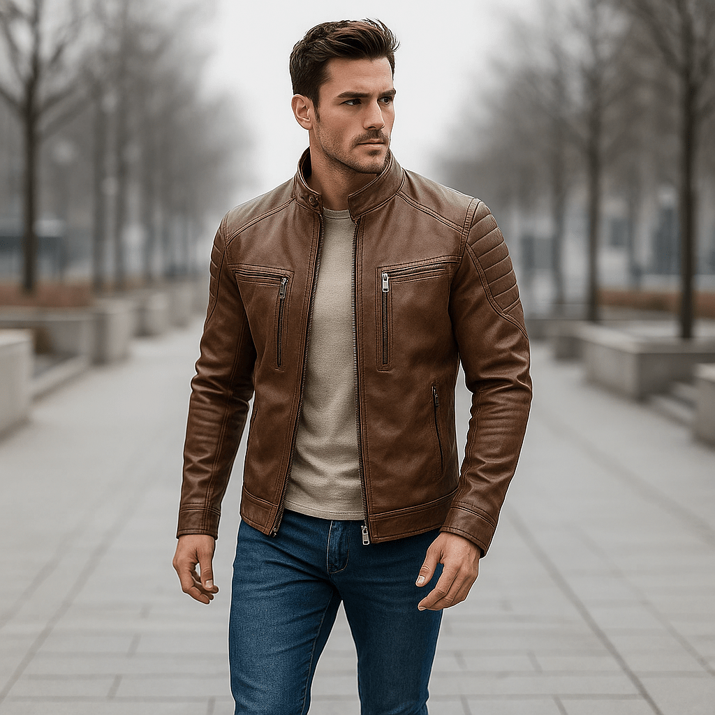 Leather Jacket | Men, Stand Collar | Durable, Stylish