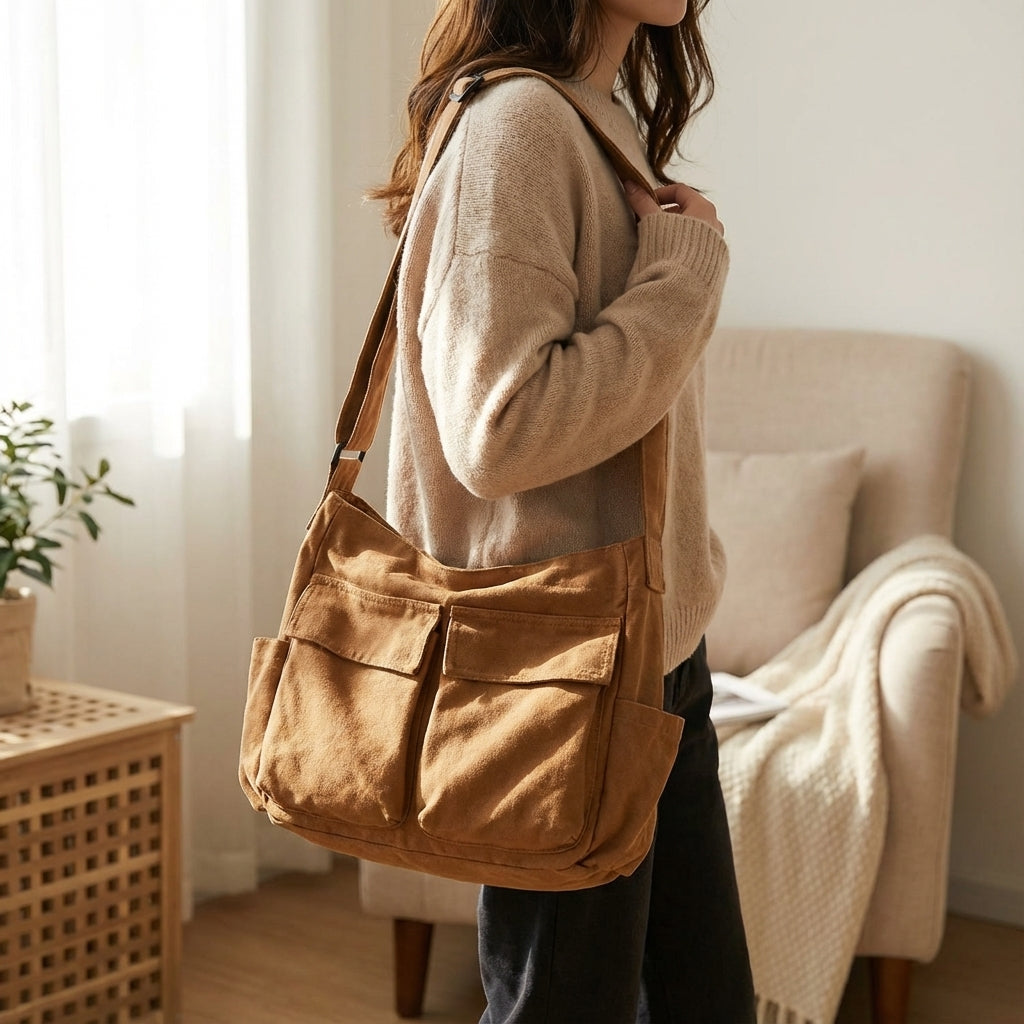 Shoulder Bag | Canvas, Multi-pocket | Lightweight, Multipurpose Organizer Bag
