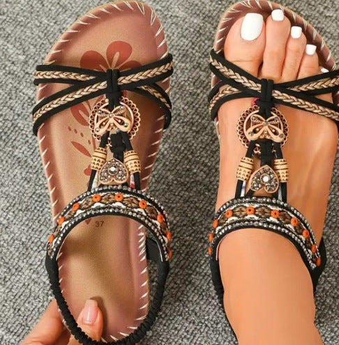 Women's Flat Boho Sandals – Open Toe – Twisted Straps – Glitter