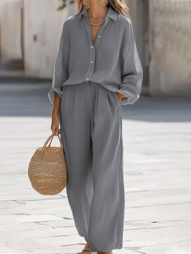 Women's button-front shirt and pants set