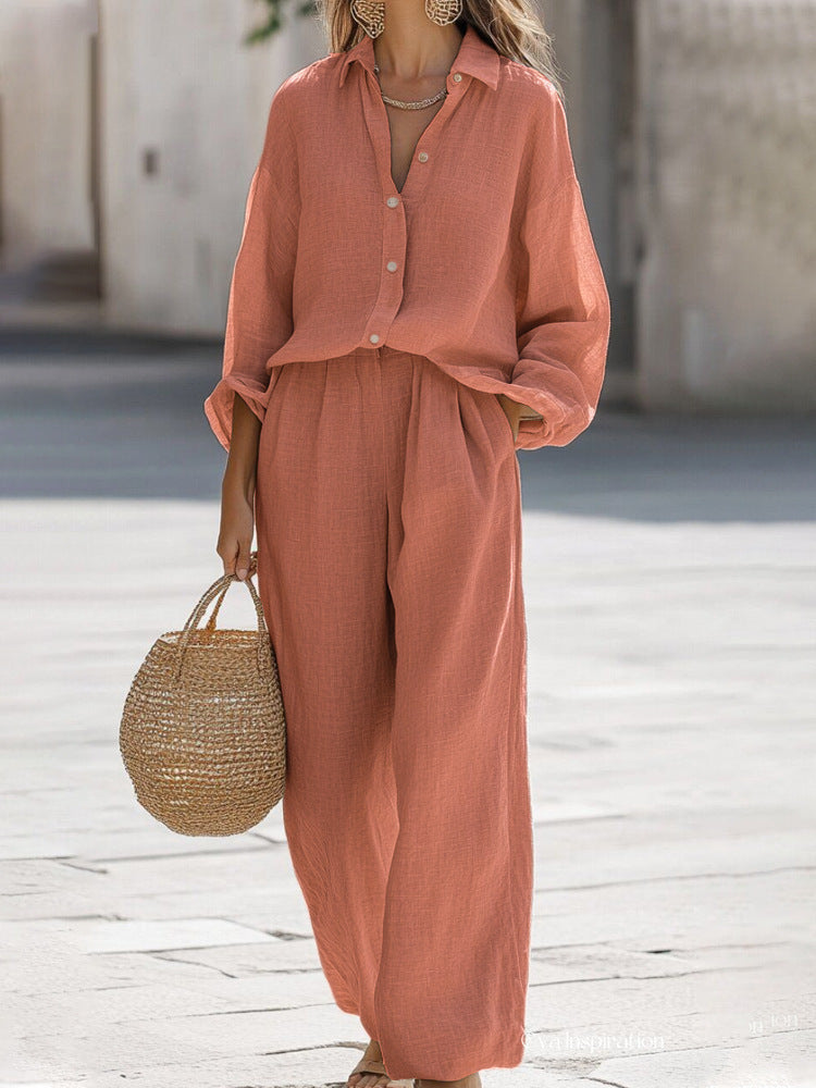 Women's button-front shirt and pants set