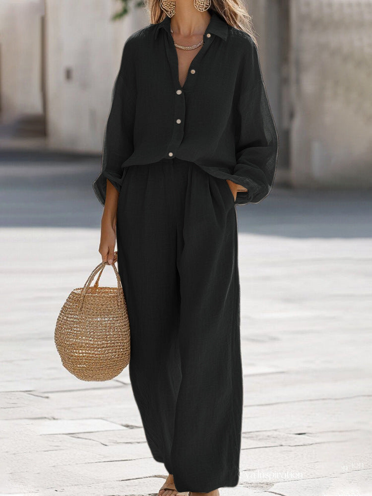 Women's button-front shirt and pants set