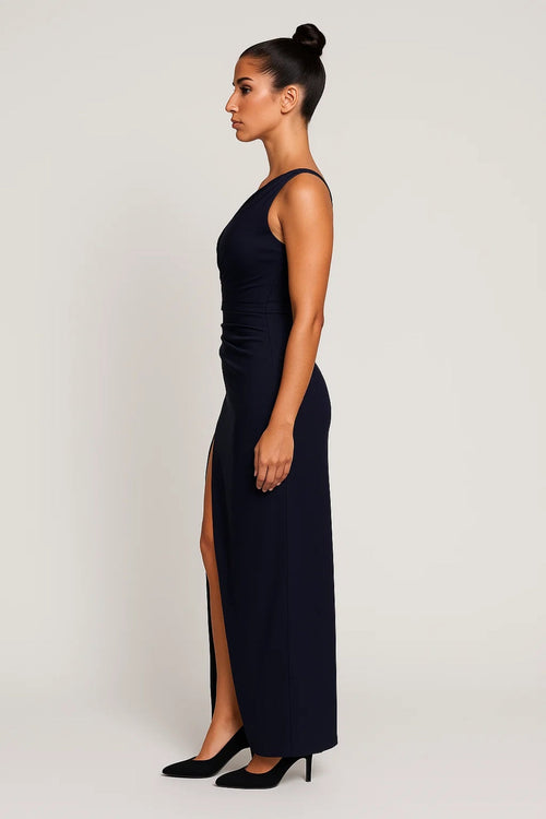 Evening Dress | Women's One-Shoulder, Long Dress | Slit and Pleats