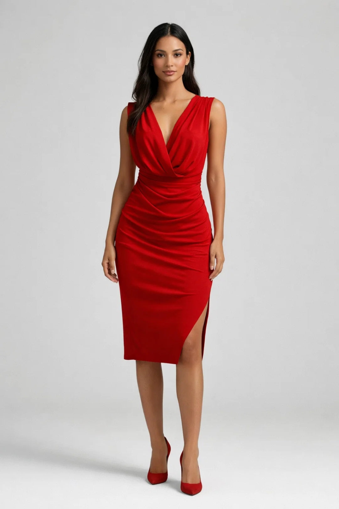 Midi Party Dress | Draped V-Neck, Slit | Elegant Evening Dress