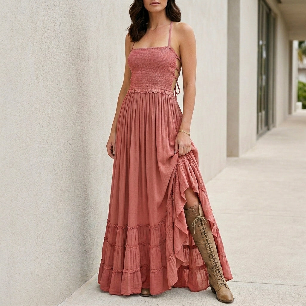 Maxi Dress | Open Back, Smocked | Bohemian Summer Style
