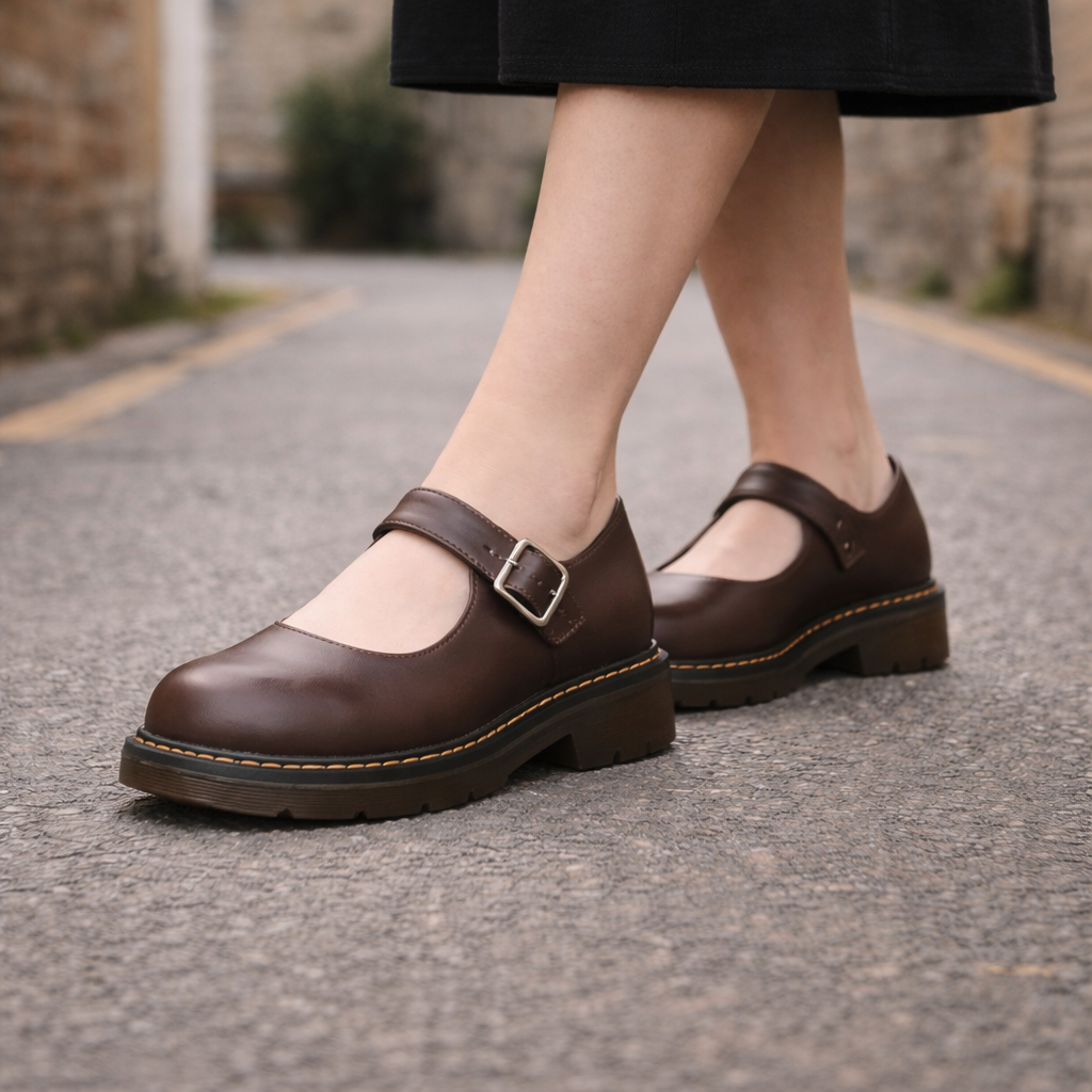 Women's Mary Jane shoes | Flat sole, thick sole part | Leather loop strap