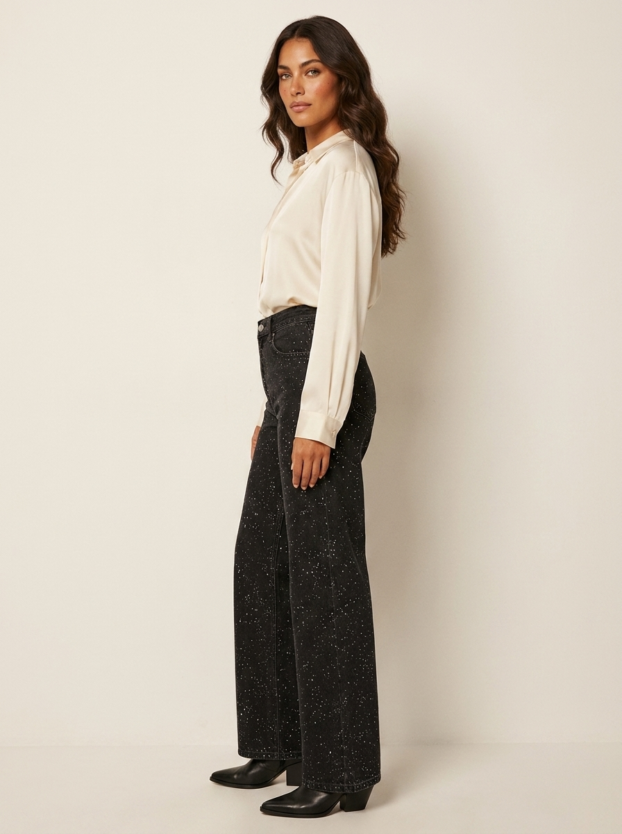 High-Waist Straight-Leg Jeans with Sequin Detail