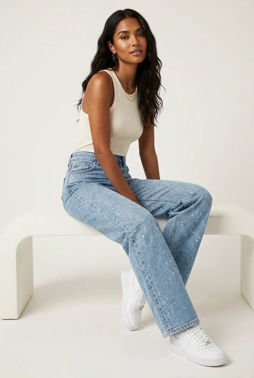 High-Waist Straight-Leg Jeans with Sequin Detail