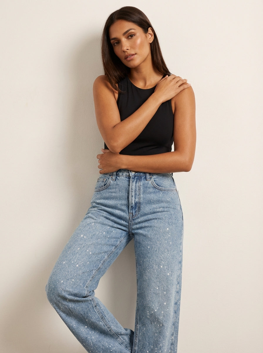 High-Waist Straight-Leg Jeans with Sequin Detail