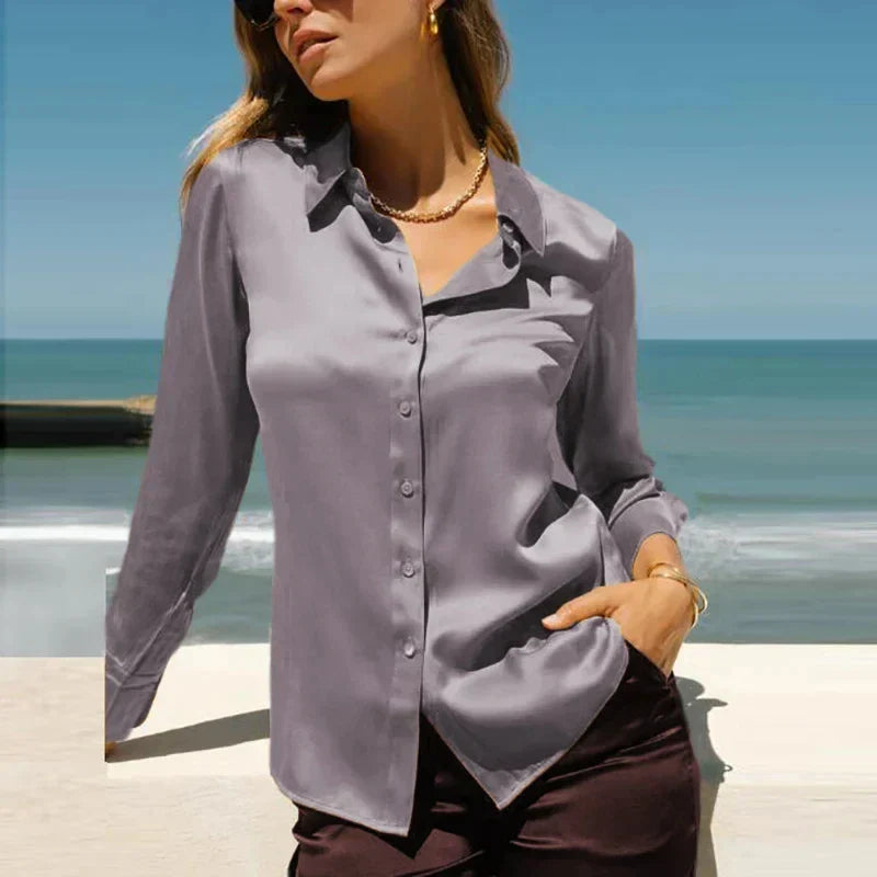 Satin Blouse | Women's, Short Sleeved, V-Neck | Office Style