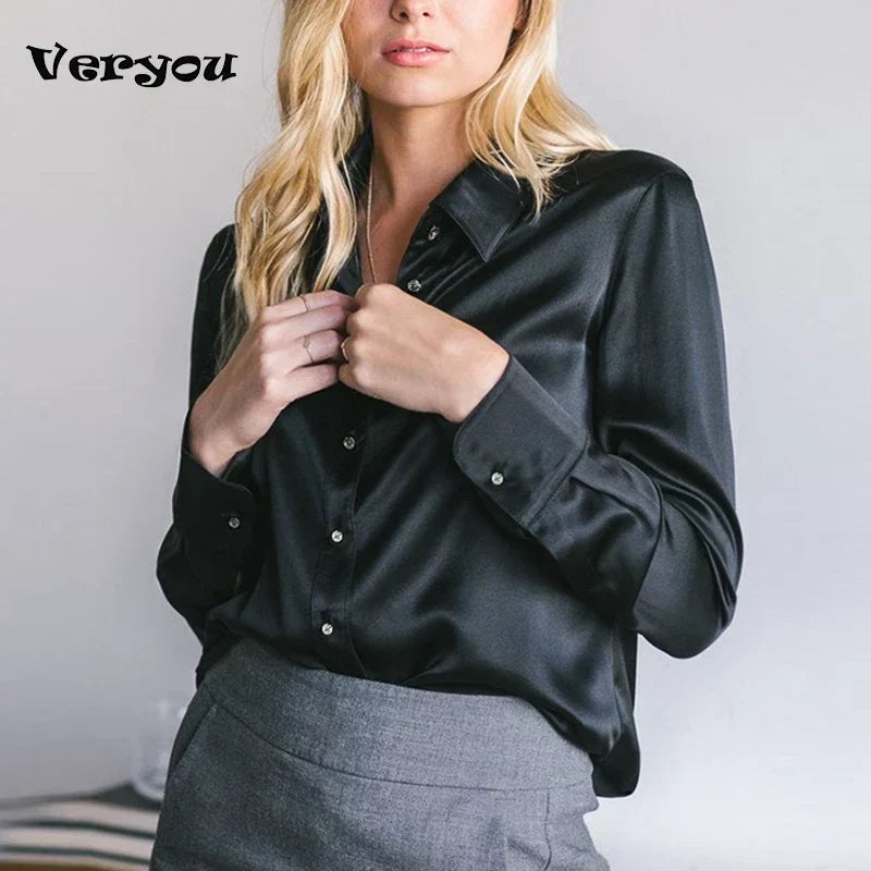 Satin Blouse | Women's, Short Sleeved, V-Neck | Office Style
