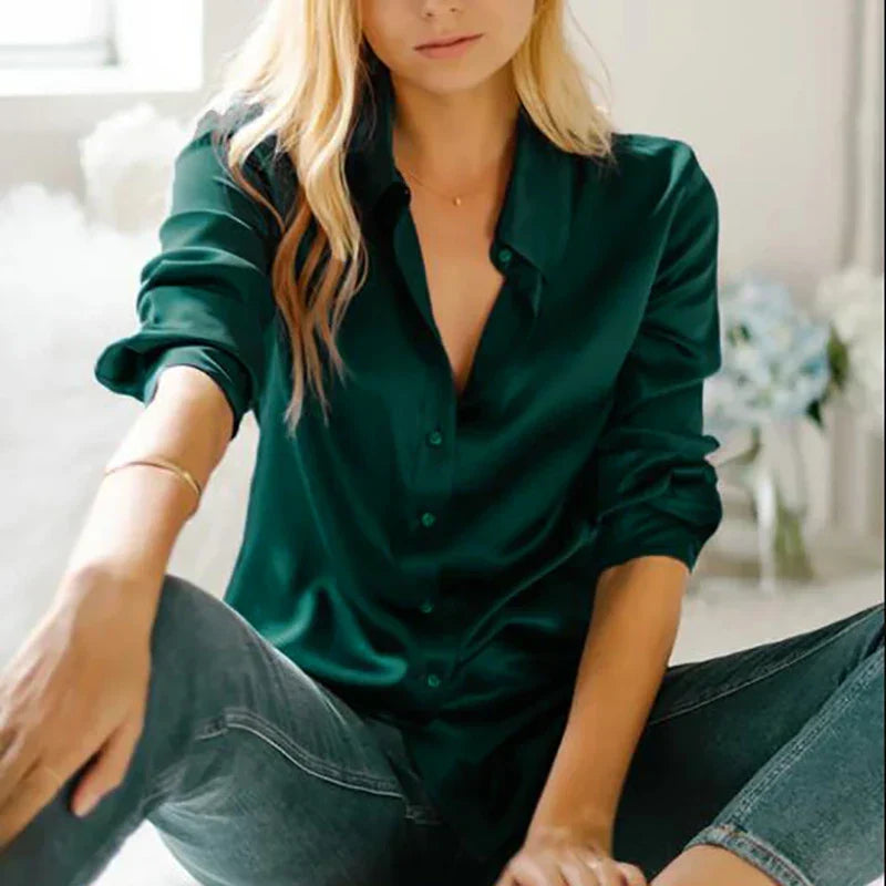 Satin Blouse | Women's, Short Sleeved, V-Neck | Office Style