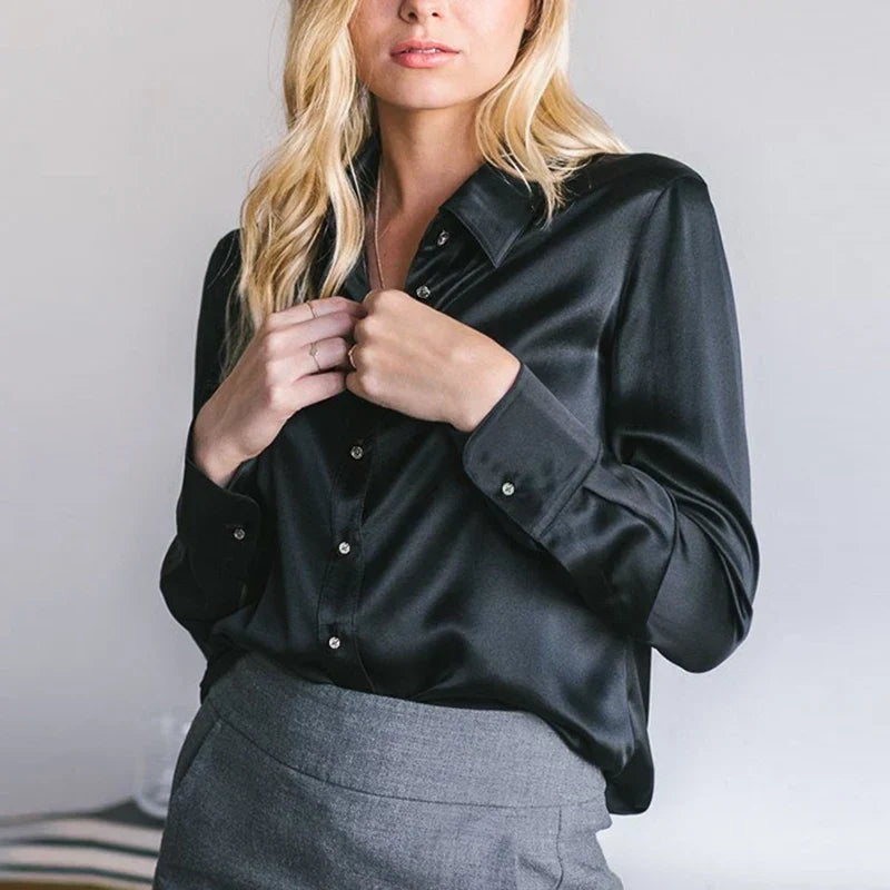 Satin Blouse | Women's, Short Sleeved, V-Neck | Office Style