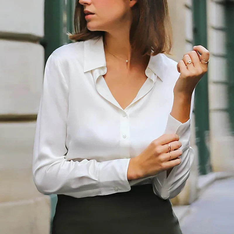 Satin Blouse | Women's, Short Sleeved, V-Neck | Office Style