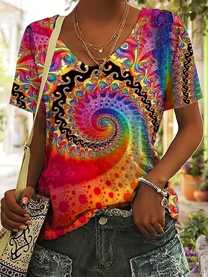 Women's V-neck T-shirt polyester retro print