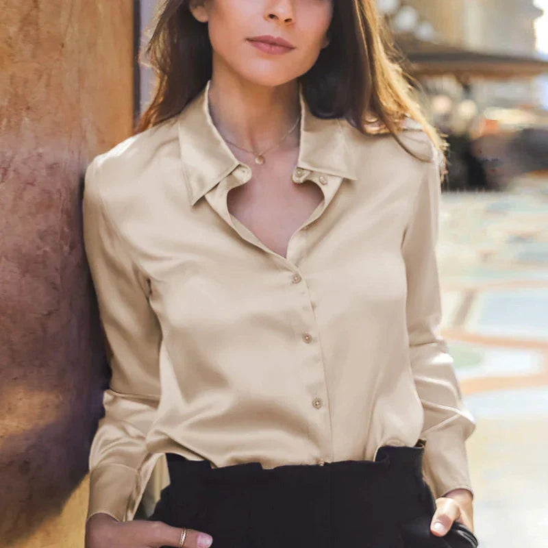 Satin Blouse | Women's, Short Sleeved, V-Neck | Office Style