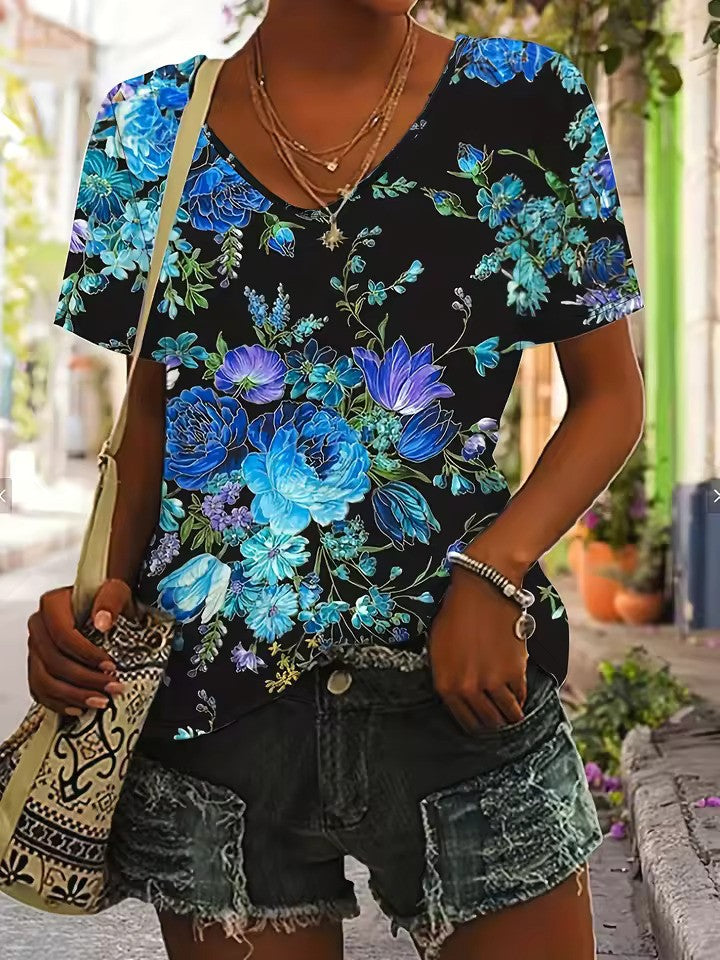 Women's V-neck T-shirt polyester retro print