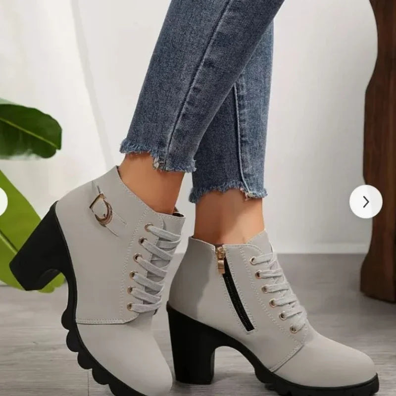 Leather ankle boots for women | Thick heel, lace-up | Comfortable