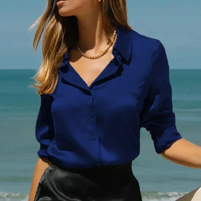 Satin Blouse | Women's, Short Sleeved, V-Neck | Office Style